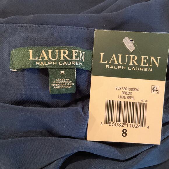 Ralph Lauren Ruffled Beaded Midi Sheath Cocktail Dress Blue Size 8 Draped V-Neck - Picture 10 of 13